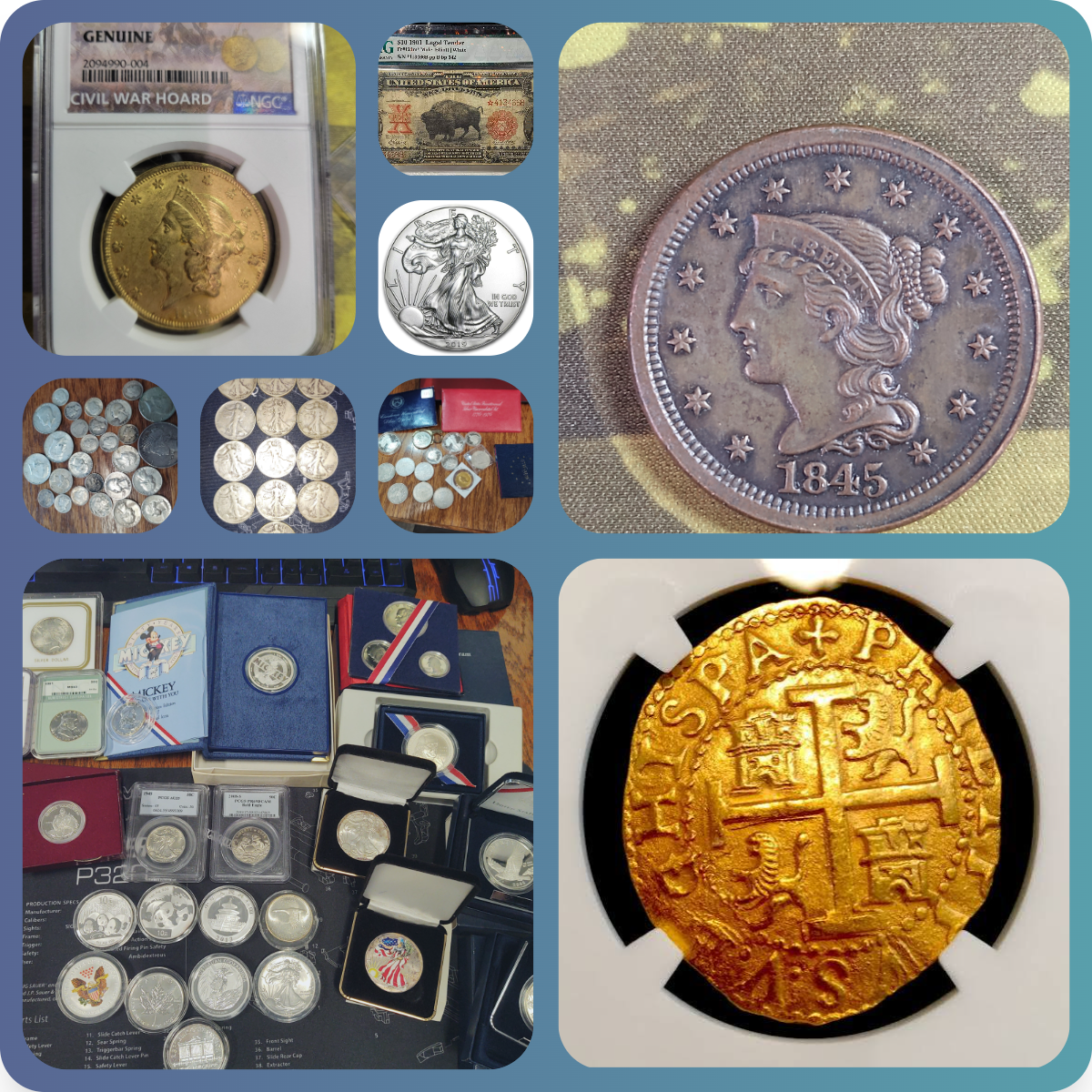 Collage of coin collections, paper currency, and graded coins King Philip Coin buys in Jacksonville
