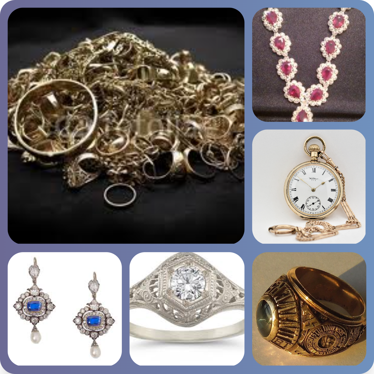 Collage of gold jewelry, diamond jewelry, and vintage watches King Philip Coin buys in Jacksonville