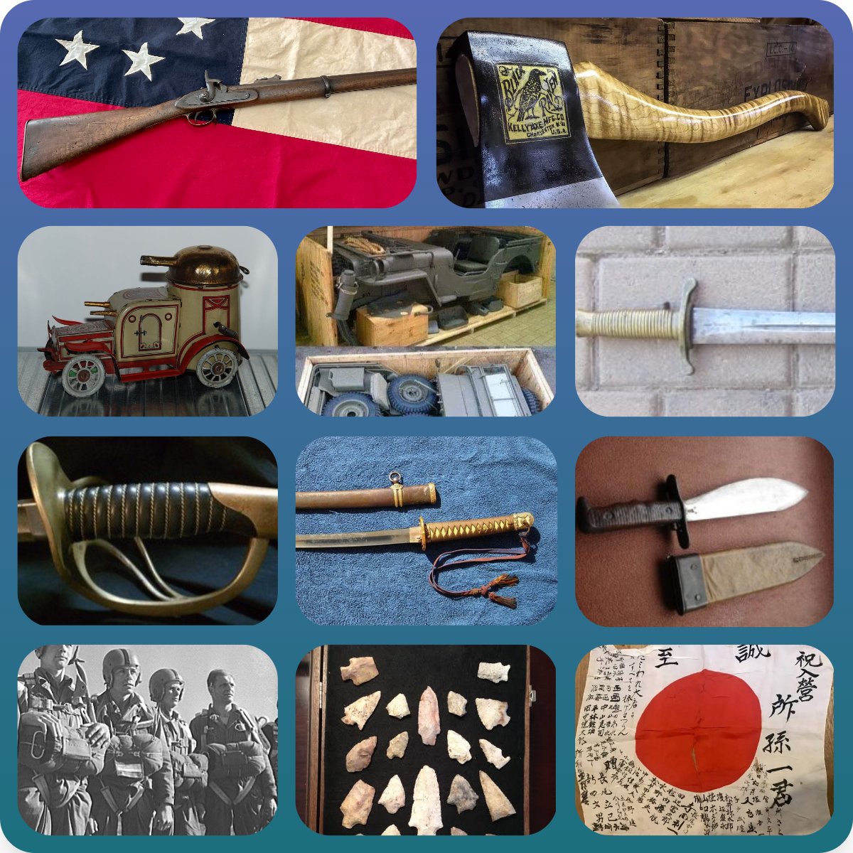 Collage of military weapons, badges, and historical collectibles King Philip Coin appraises and buys in Jacksonville
