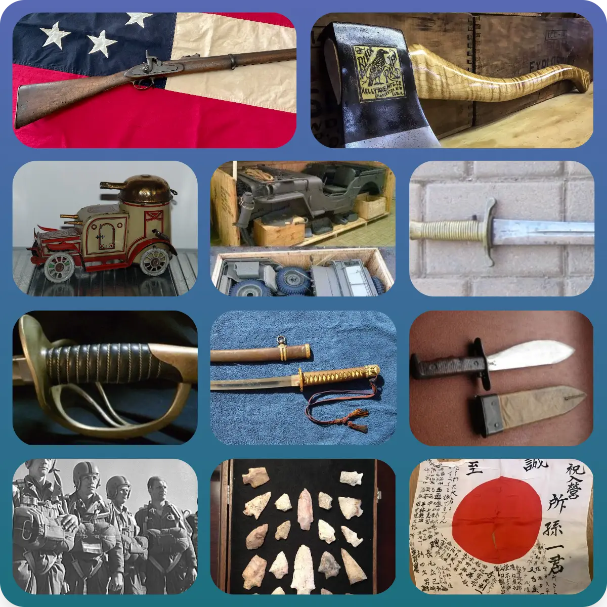 Collage of military weapons, badges, and historical collectibles King Philip Coin appraises and buys in Jacksonville