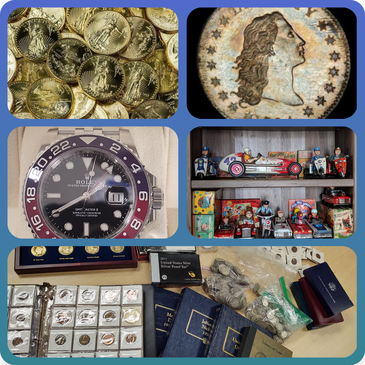 Collage of inherited coin collections and estate items King Philip Coin appraises and buys in Jacksonville