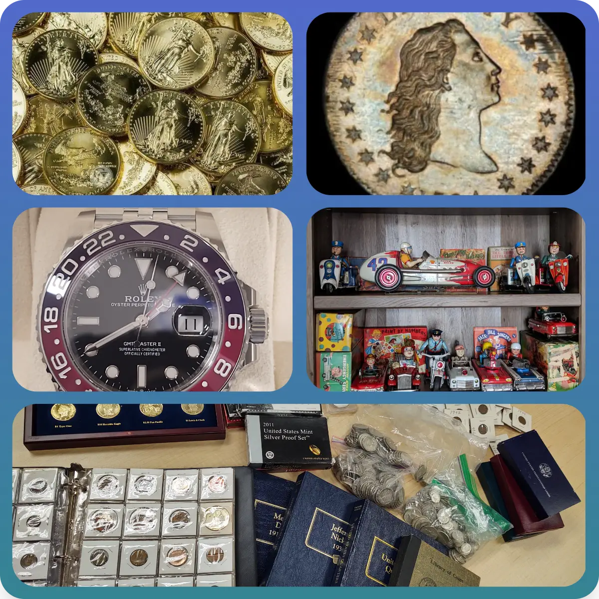 Collage of inherited coin collections and estate items King Philip Coin appraises and buys in Jacksonville