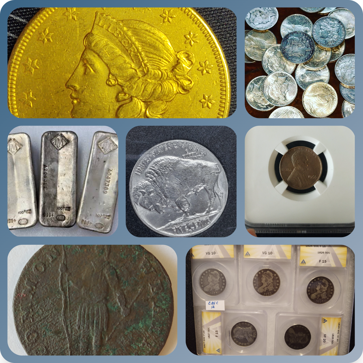 Collage of gold coins, silver bullion, and bars King Philip Coin buys in Jacksonville