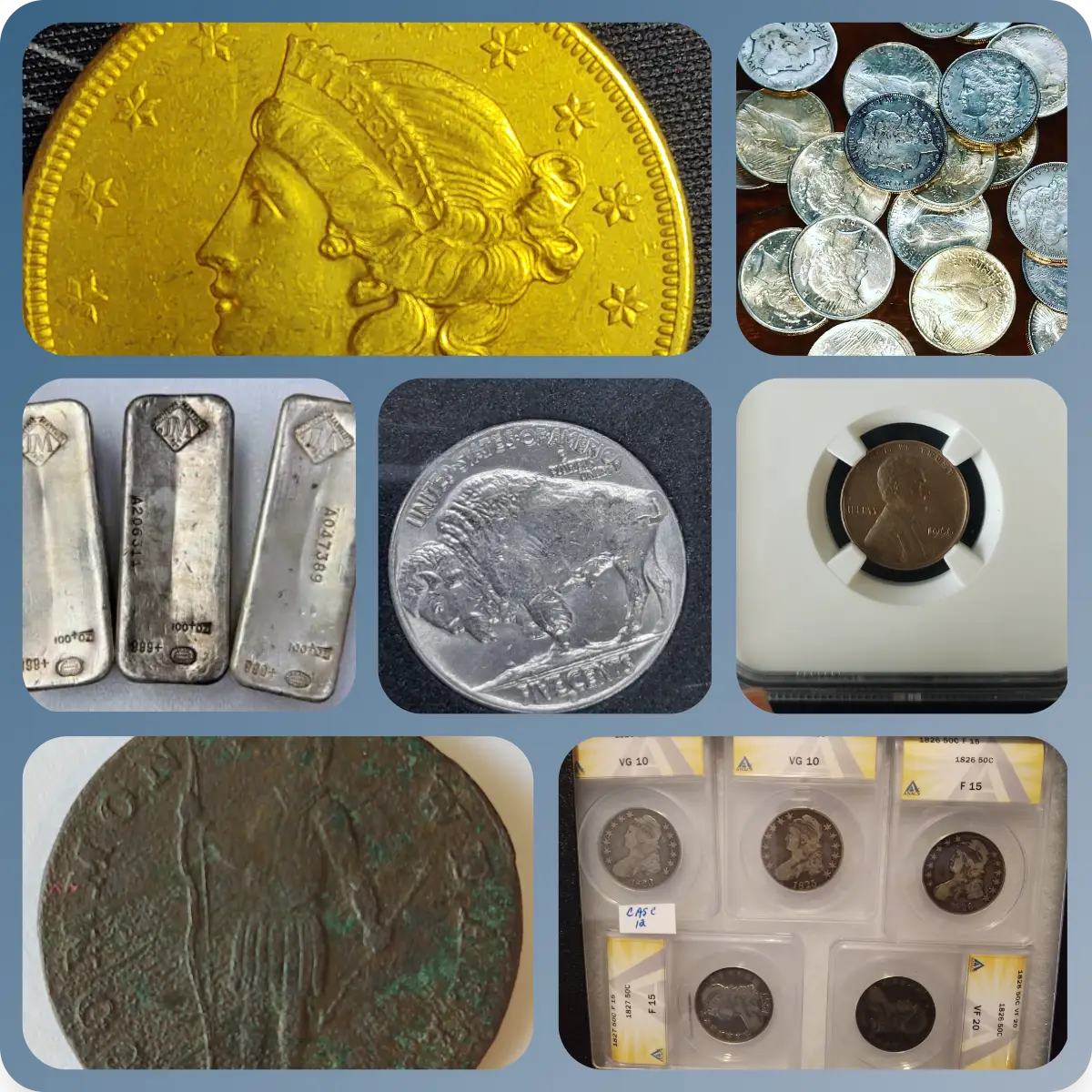 Collage of gold coins, silver bullion, and bars King Philip Coin buys in Jacksonville