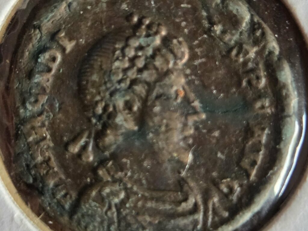 Ancient bronze coin close-up, Jacksonville estate find